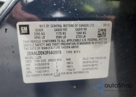 2015 Chevrolet Equinox Ltz from USA, damaged, VIN 2GNALDEK0F6400919